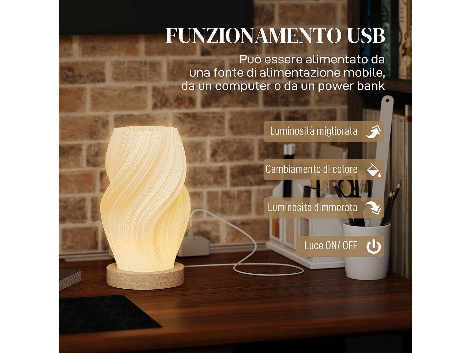 Lampada da tavolo a 3 colori con 10 luminosità in abs bianco e legno