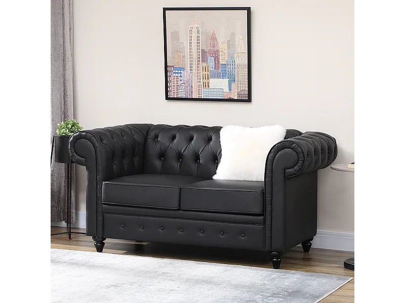 Divano 2 posti in ecopelle marrone scuro con gambe in legno