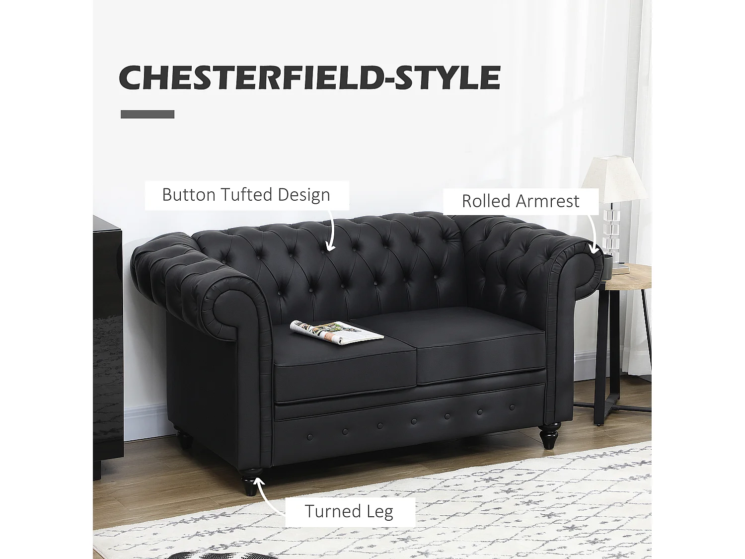 Divano 2 posti in ecopelle marrone scuro con gambe in legno