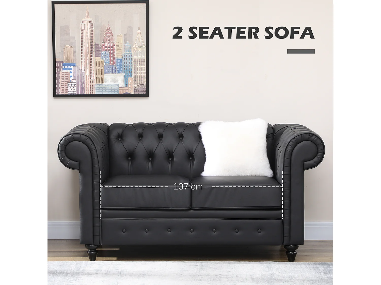 Divano 2 posti in ecopelle marrone scuro con gambe in legno