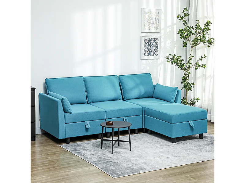 Divano modulare 3 posti con pouf poggiapiedi contenitori blu