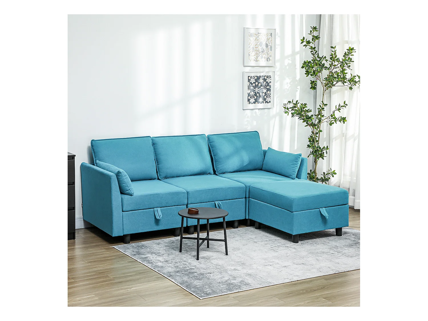 Divano modulare 3 posti con pouf poggiapiedi contenitori blu