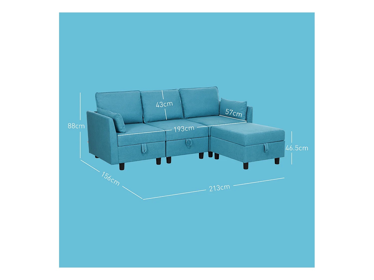 Divano modulare 3 posti con pouf poggiapiedi contenitori blu