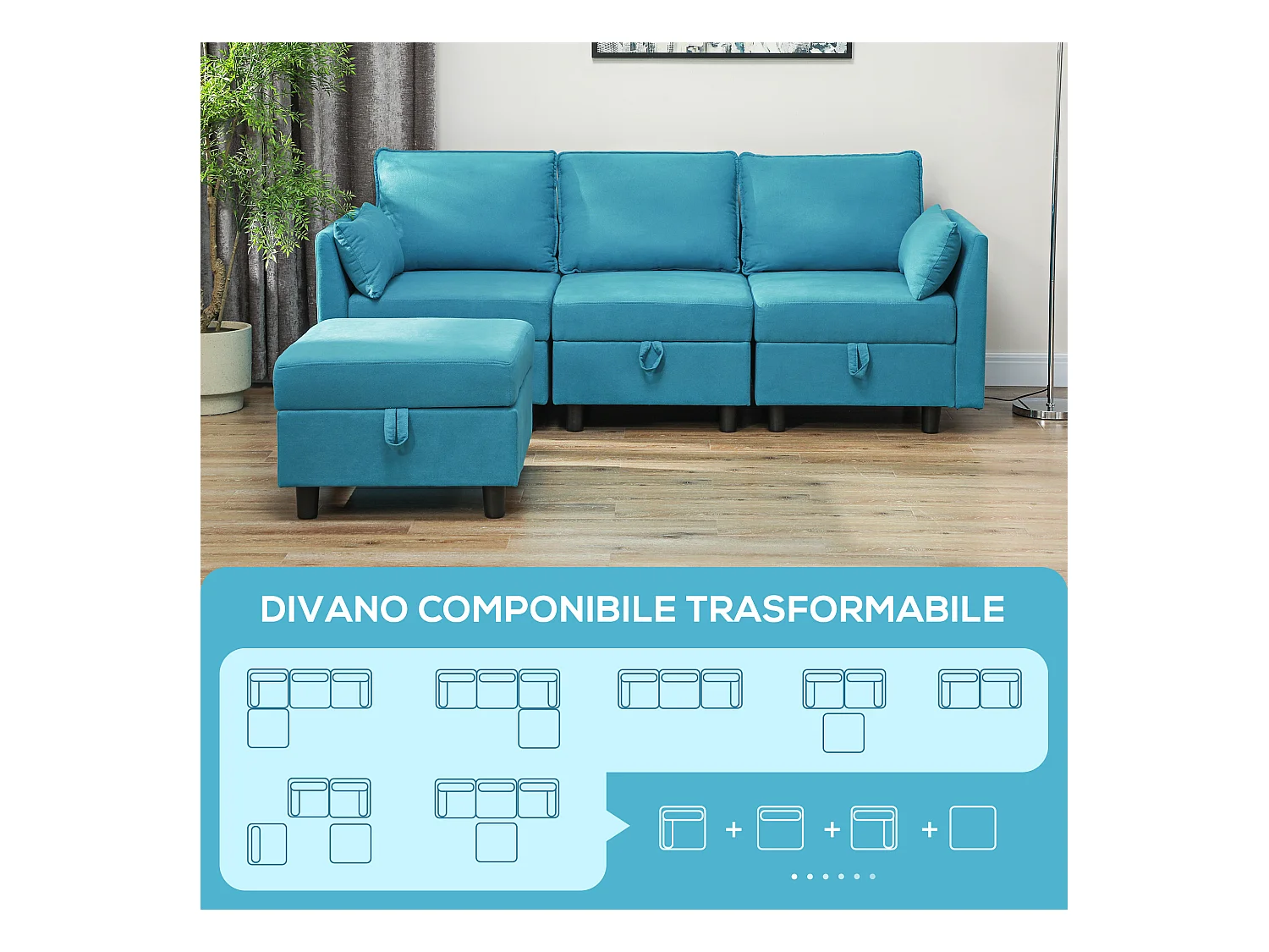 Divano modulare 3 posti con pouf poggiapiedi contenitori blu