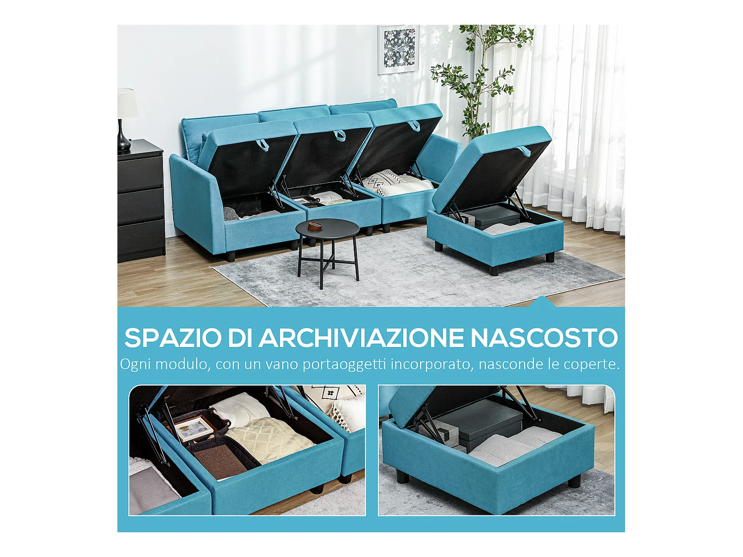 Divano modulare 3 posti con pouf poggiapiedi contenitori blu