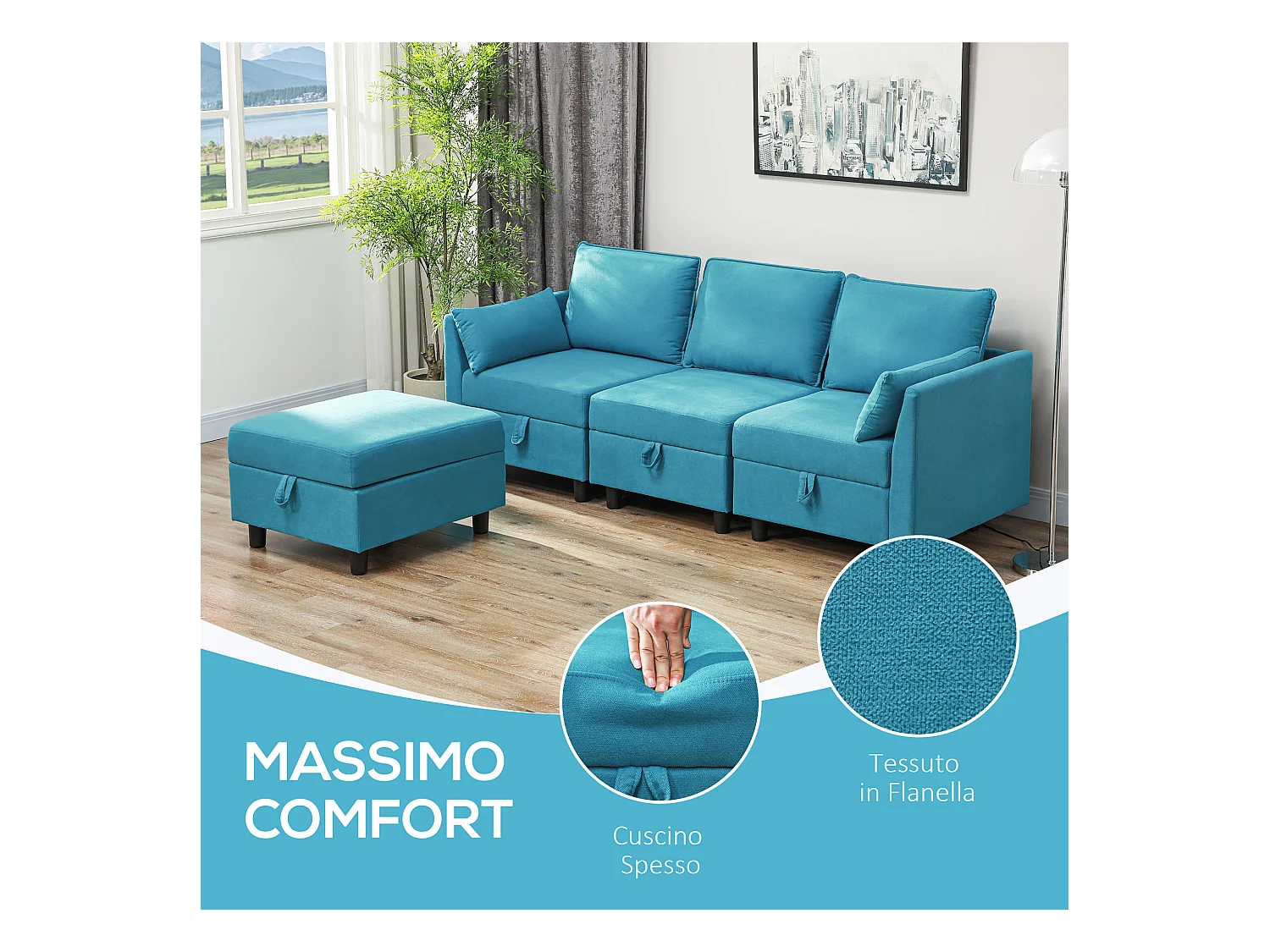 Divano modulare 3 posti con pouf poggiapiedi contenitori blu
