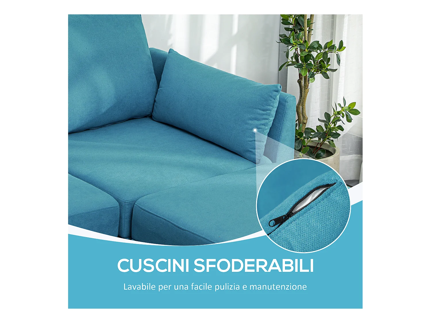 Divano modulare 3 posti con pouf poggiapiedi contenitori blu