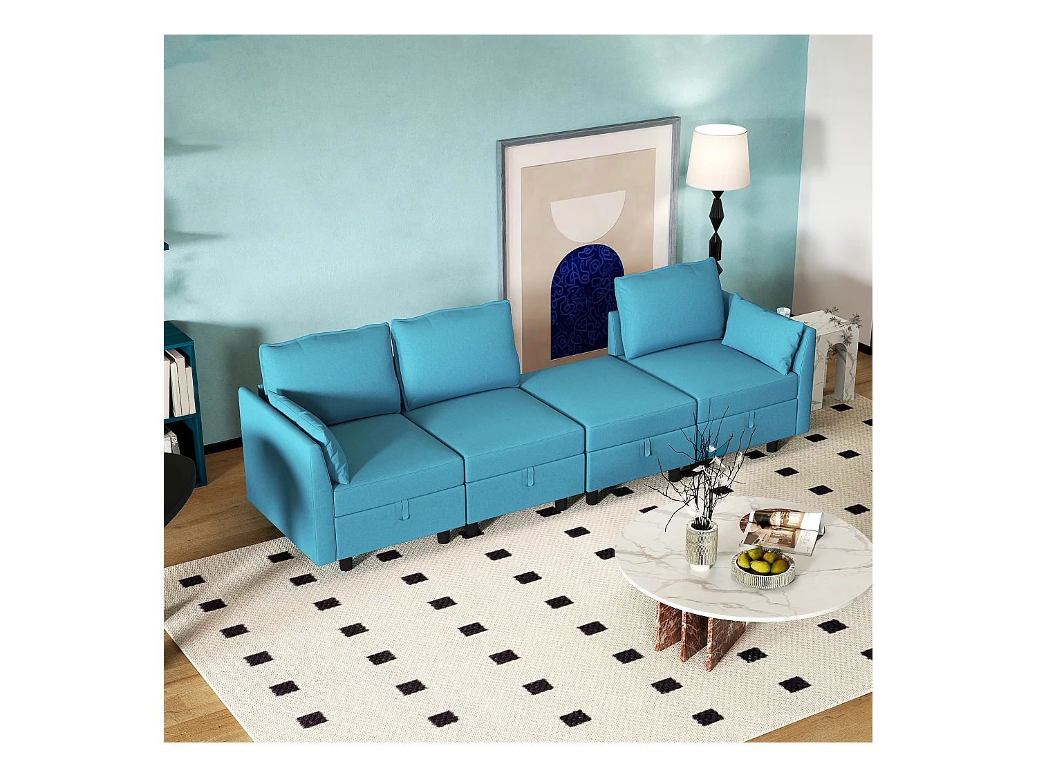 Divano modulare 3 posti con pouf poggiapiedi contenitori blu