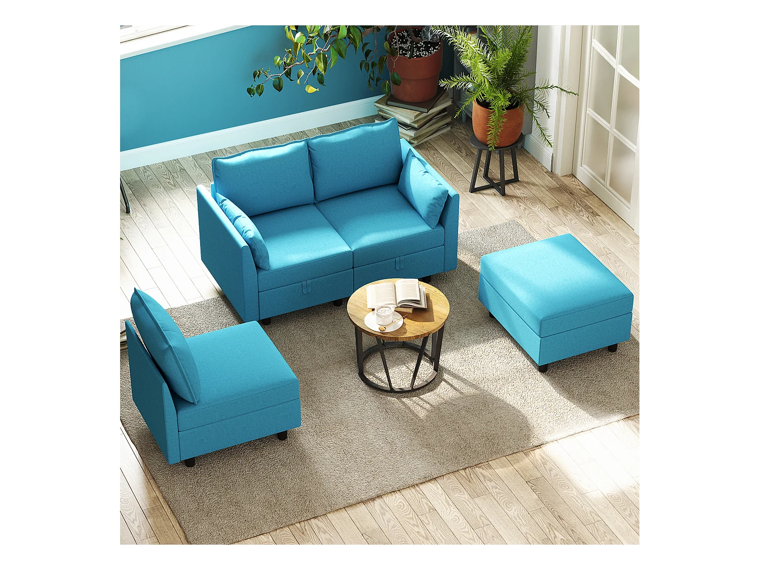 Divano modulare 3 posti con pouf poggiapiedi contenitori blu