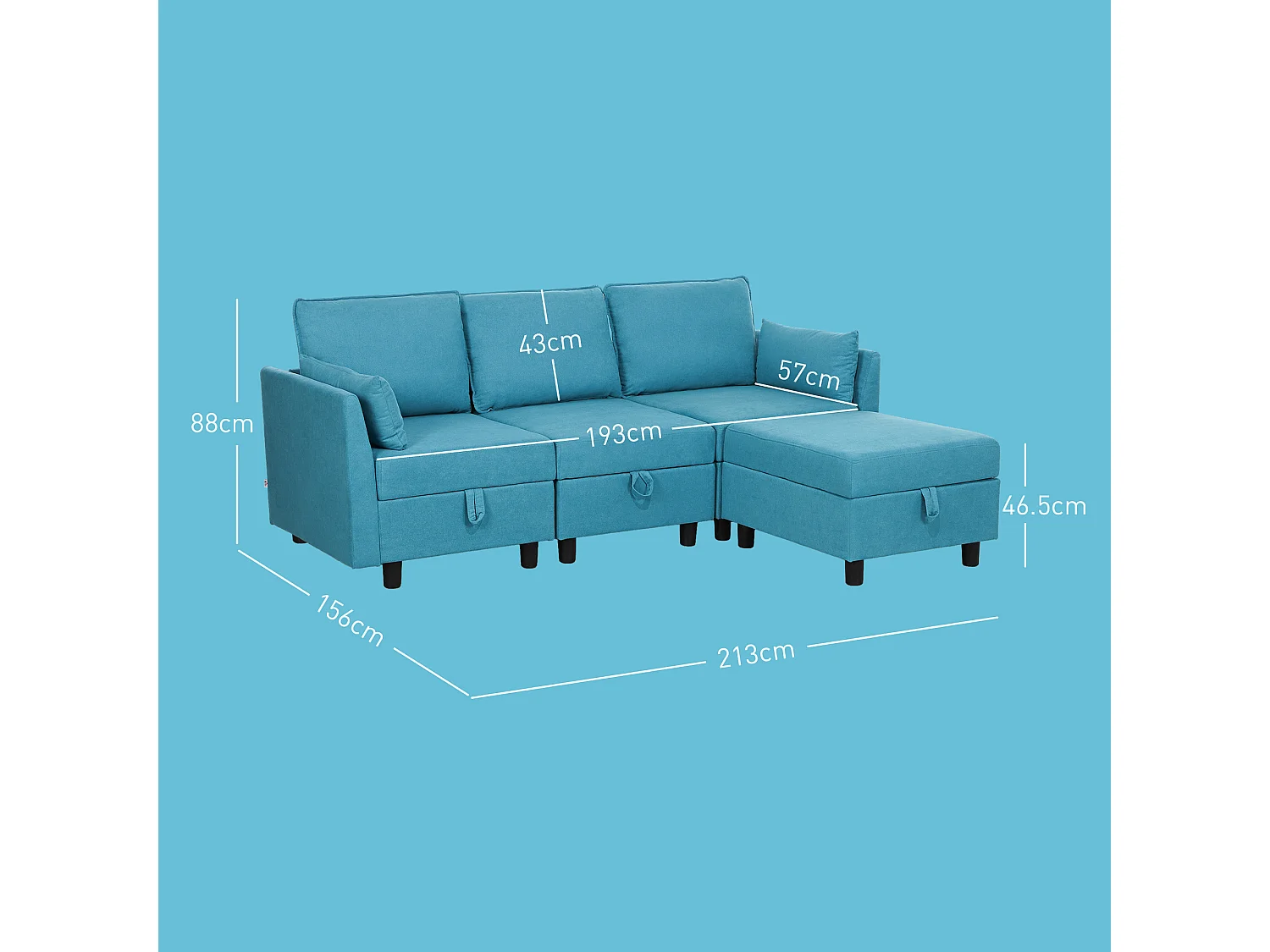 Divano modulare 3 posti con pouf poggiapiedi contenitori blu