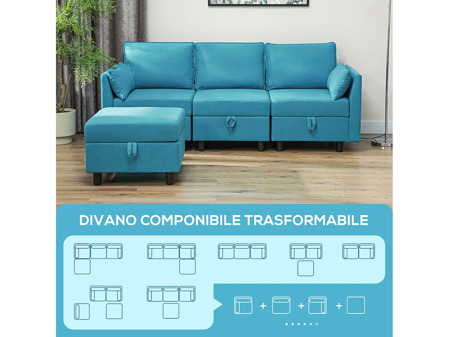 Divano modulare 3 posti con pouf poggiapiedi contenitori blu