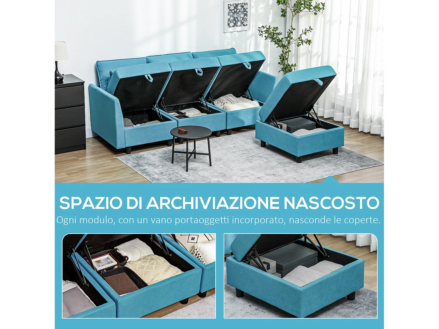 Divano modulare 3 posti con pouf poggiapiedi contenitori blu