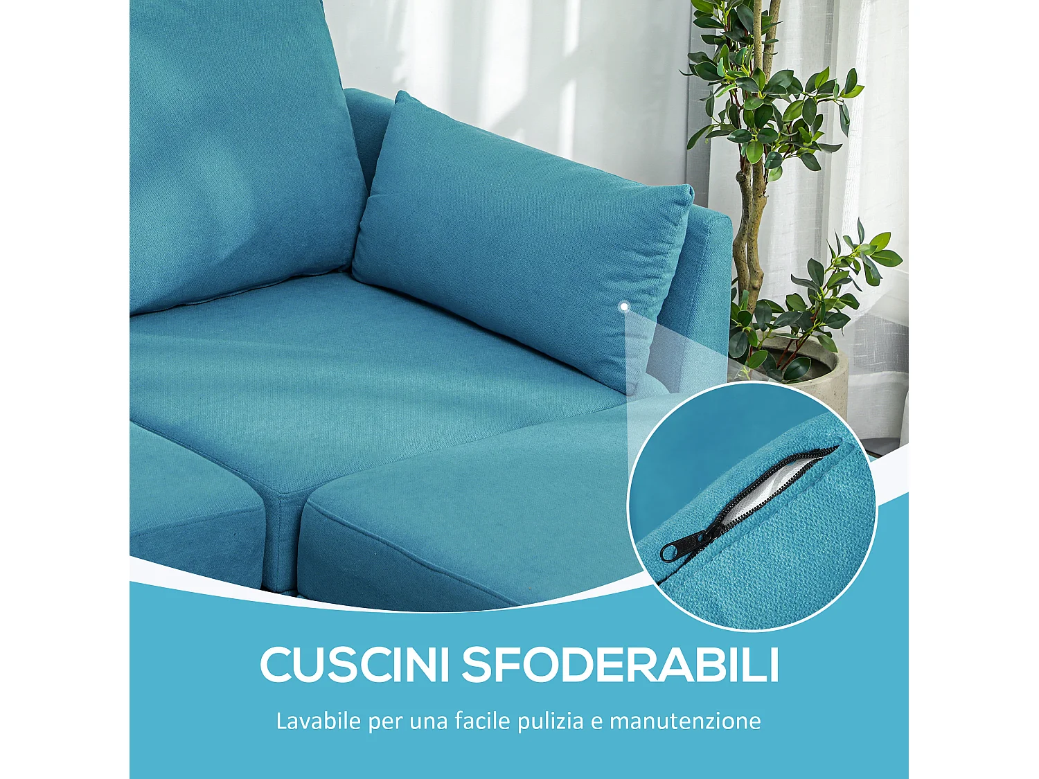 Divano modulare 3 posti con pouf poggiapiedi contenitori blu