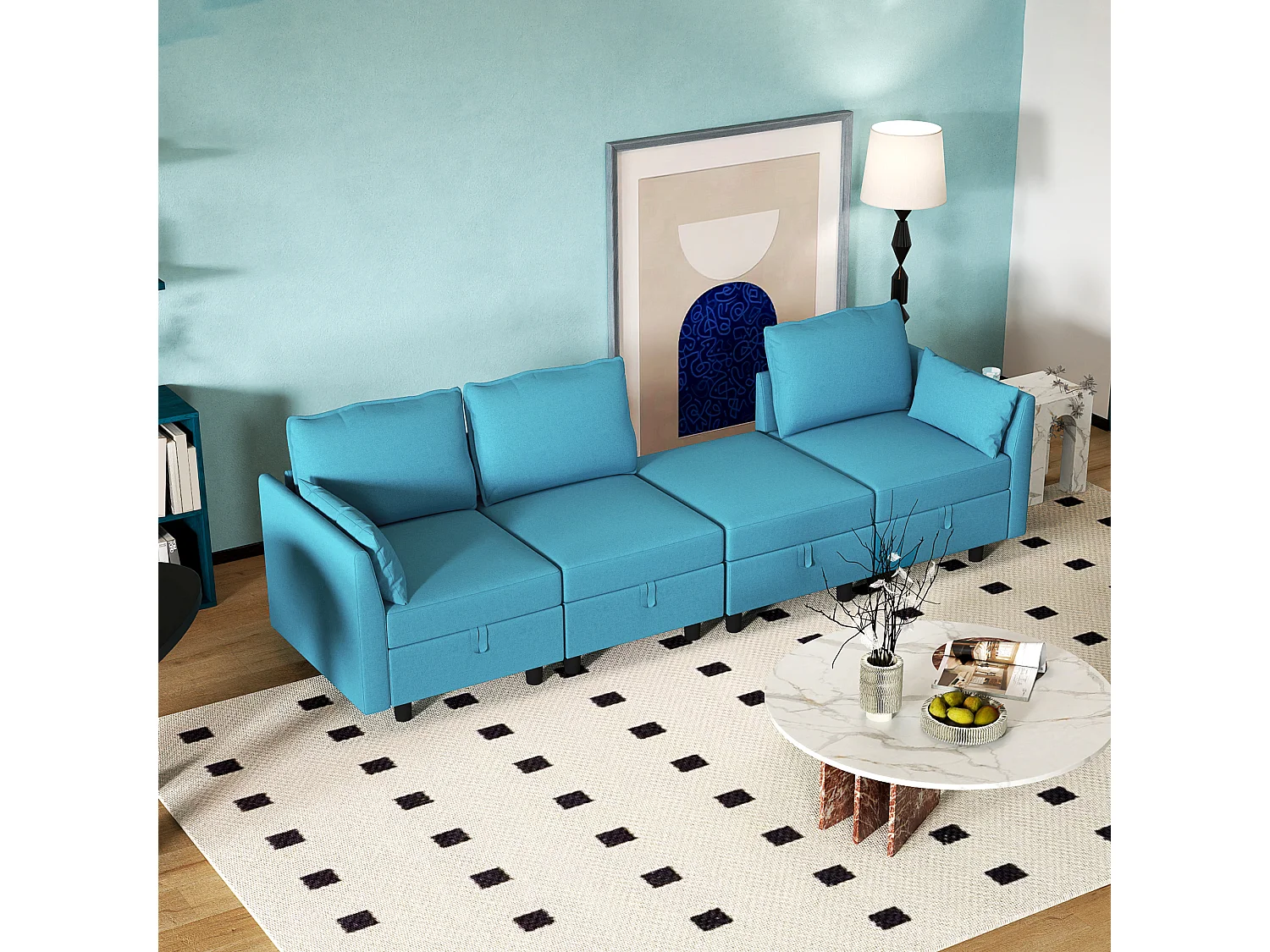 Divano modulare 3 posti con pouf poggiapiedi contenitori blu