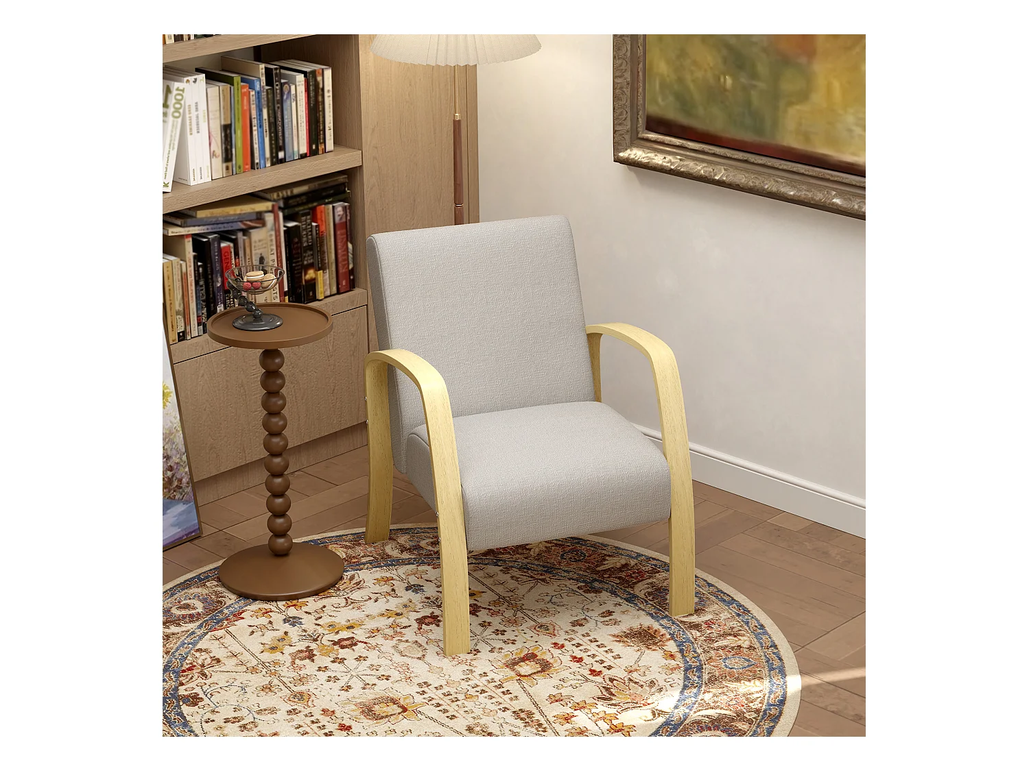 Poltroncina da camera stile scandinavo in tessuto e legno grigio