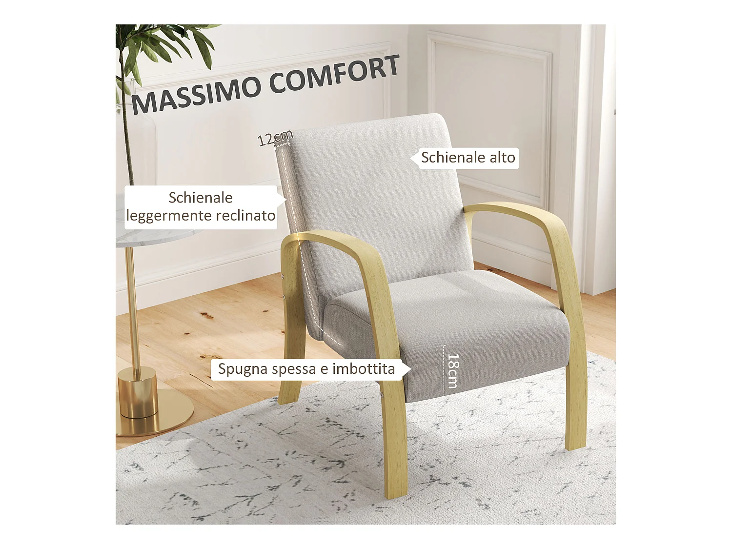 Poltroncina da camera stile scandinavo in tessuto e legno grigio