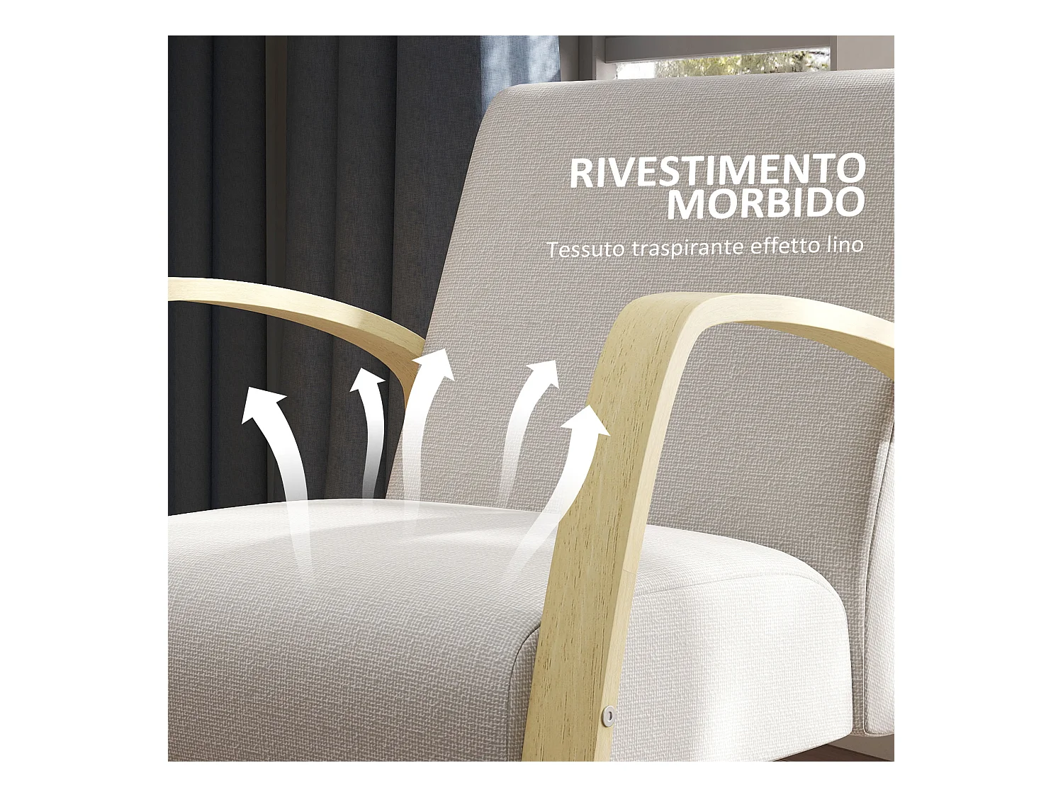 Poltroncina da camera stile scandinavo in tessuto e legno grigio