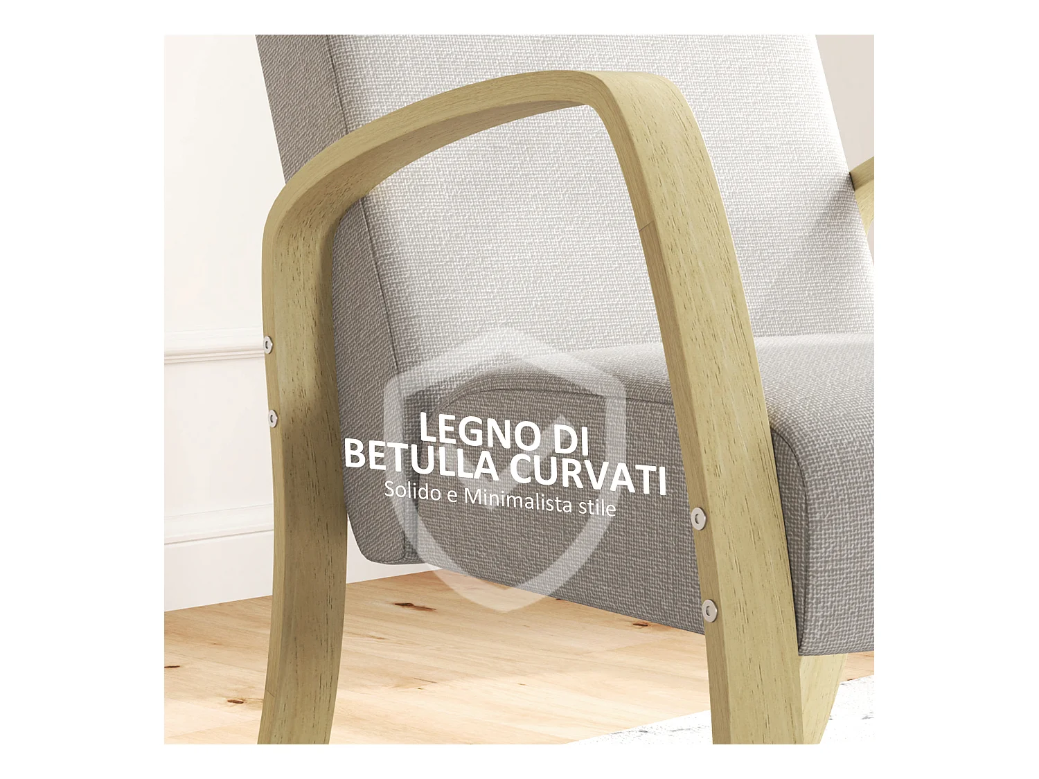 Poltroncina da camera stile scandinavo in tessuto e legno grigio