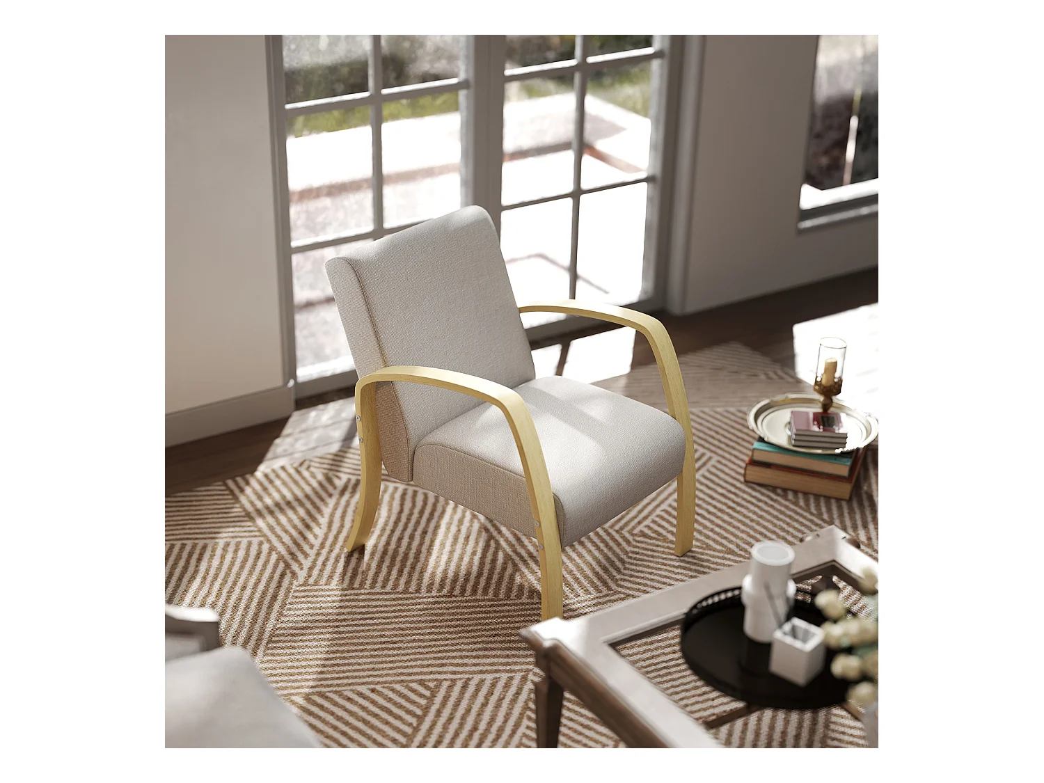 Poltroncina da camera stile scandinavo in tessuto e legno grigio