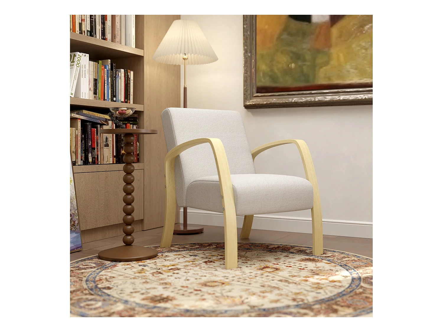 Poltroncina da camera stile scandinavo in tessuto e legno grigio