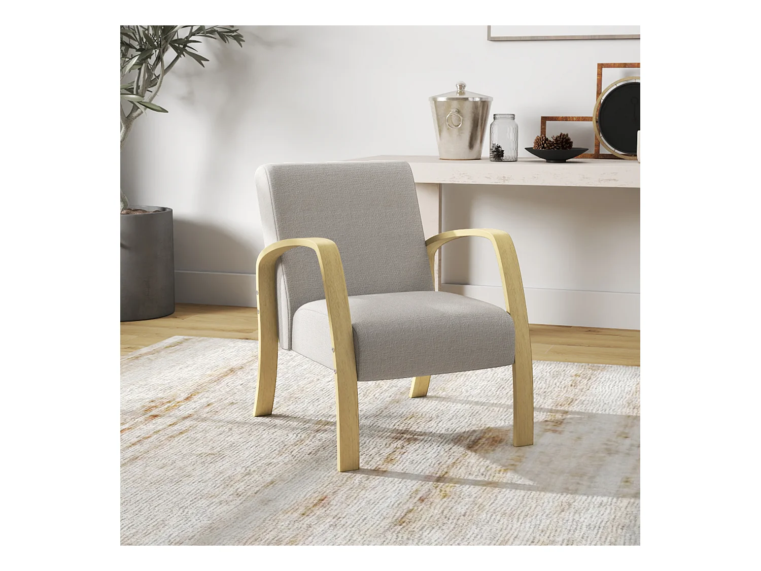 Poltroncina da camera stile scandinavo in tessuto e legno grigio
