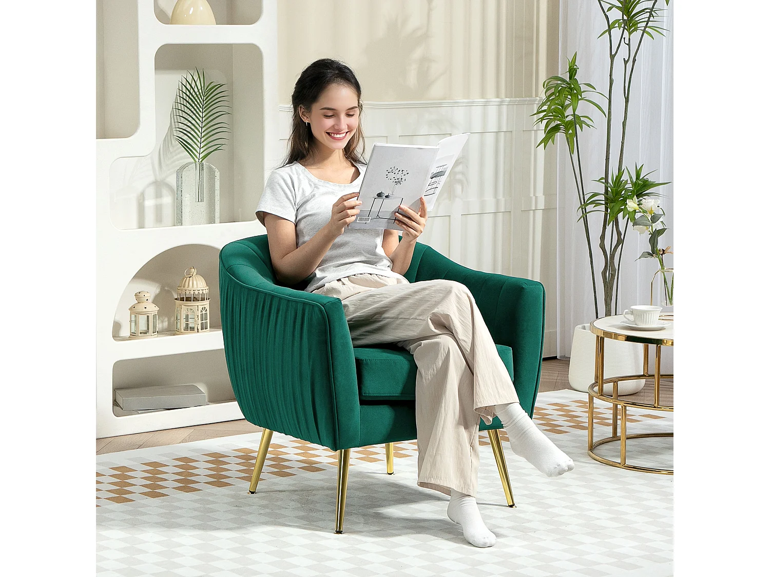 Poltrona da salotto design moderno con gambe in metallo verde