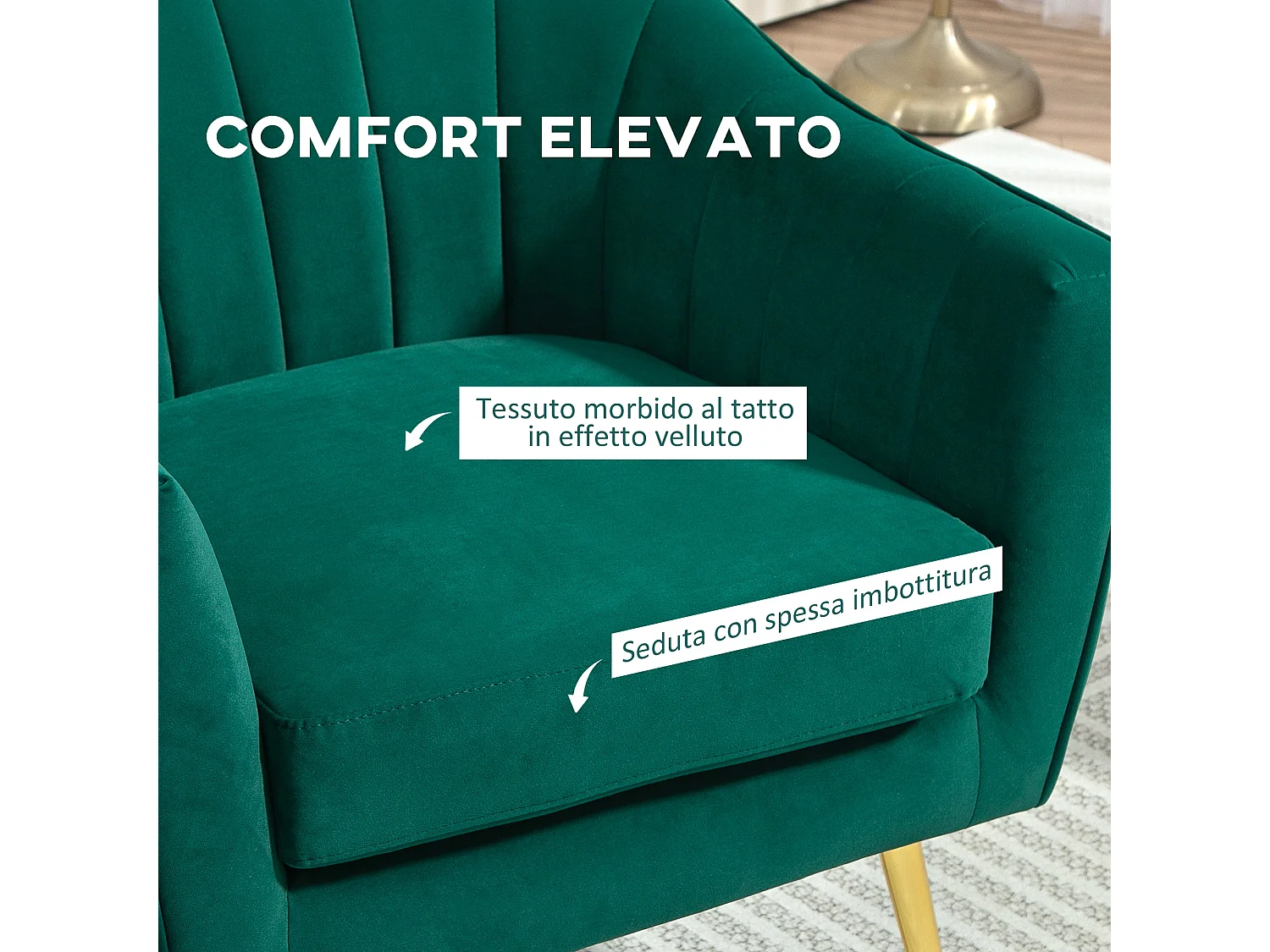 Poltrona da salotto design moderno con gambe in metallo verde