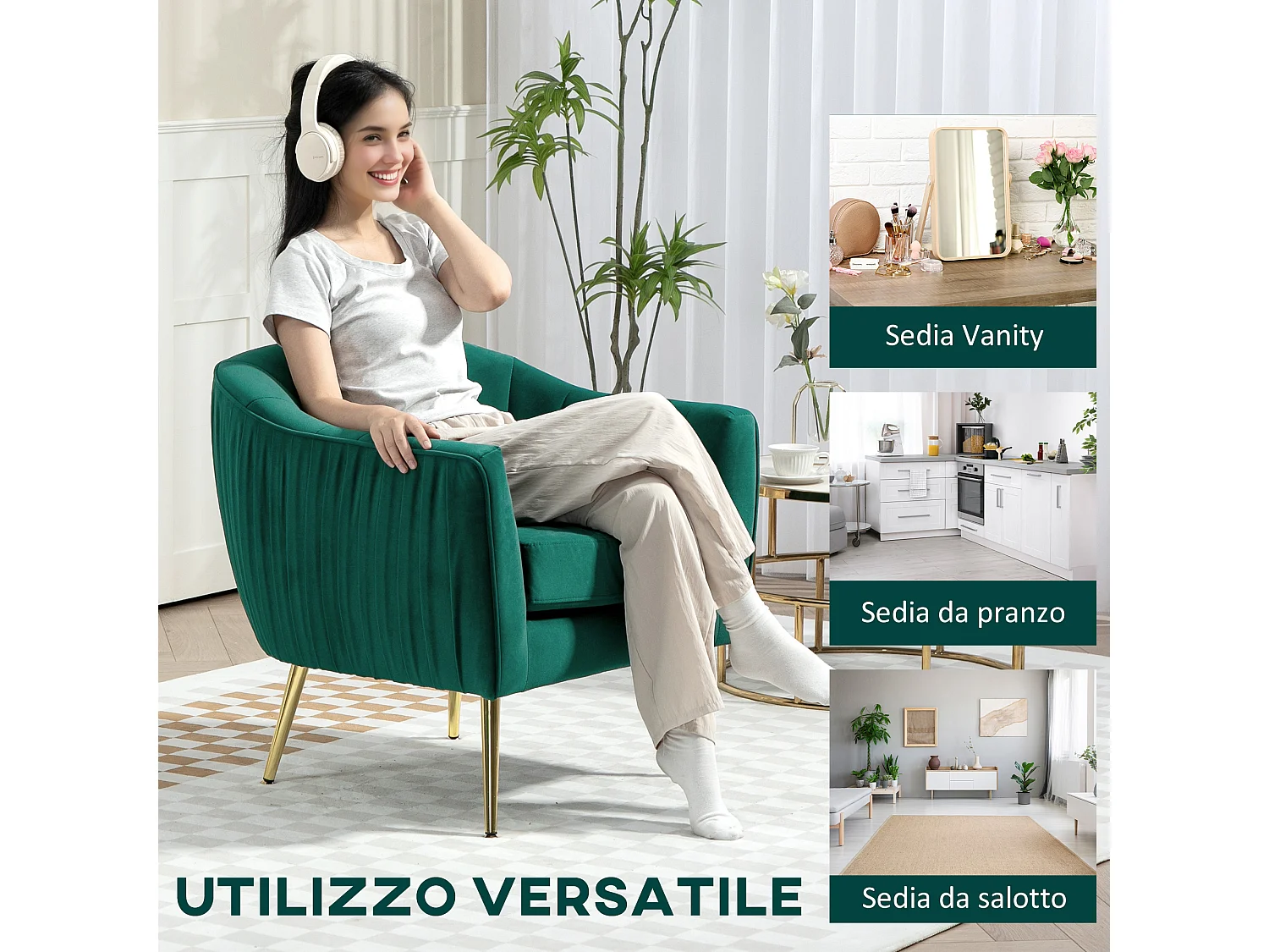 Poltrona da salotto design moderno con gambe in metallo verde