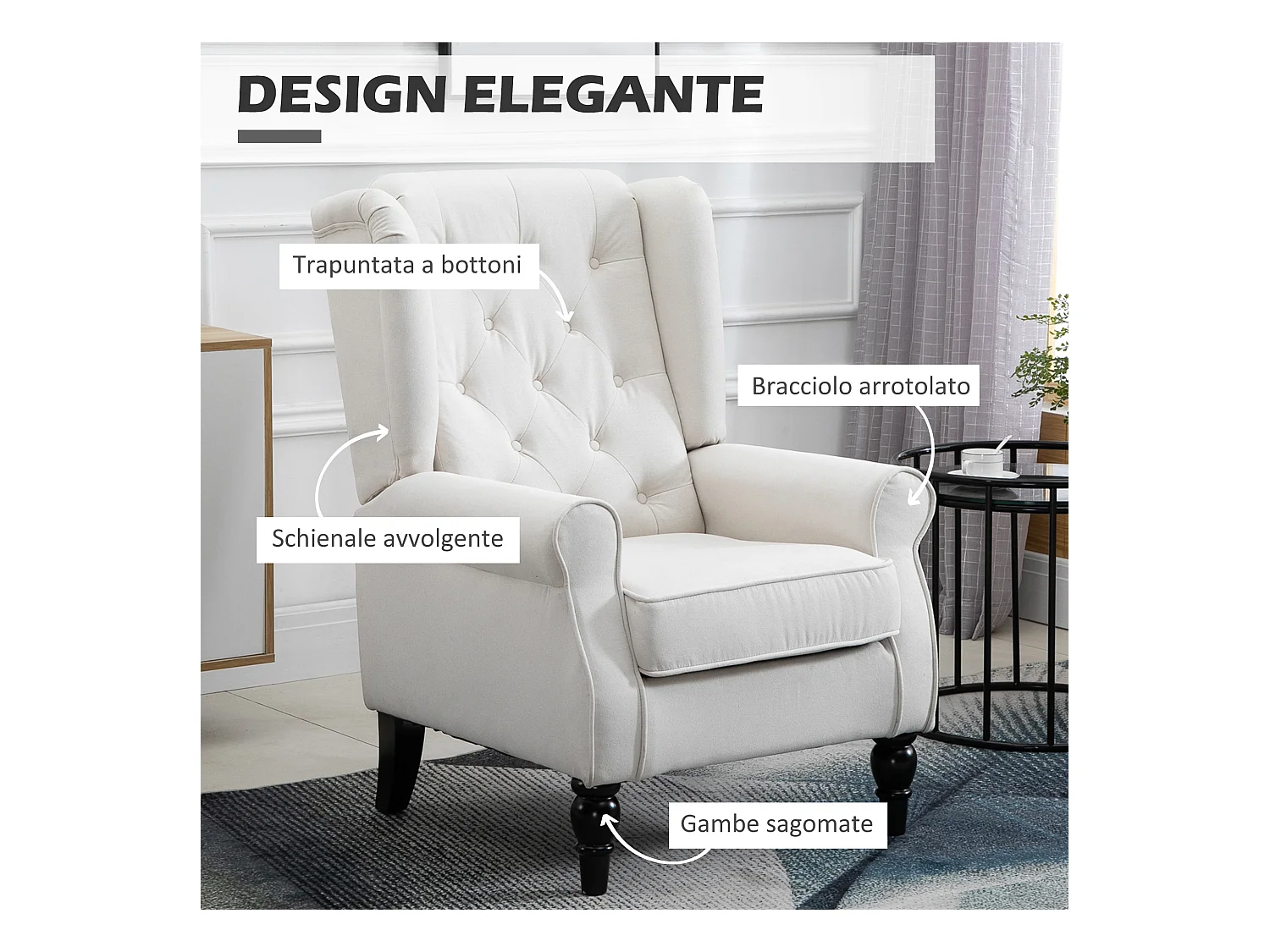 Poltrona da salotto imbottita con braccioli in tessuto bianco crema