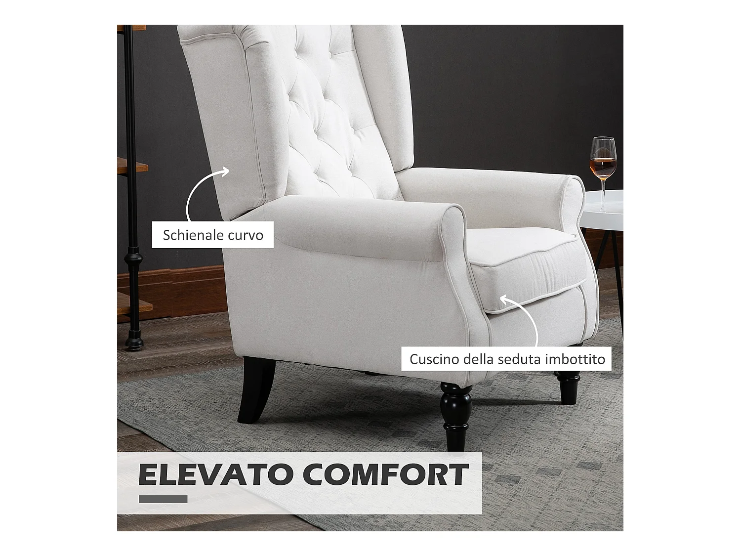 Poltrona da salotto imbottita con braccioli in tessuto bianco crema