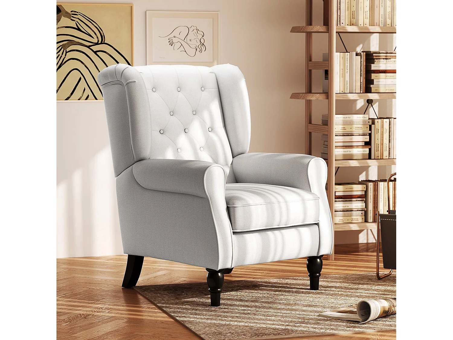 Poltrona da salotto imbottita con braccioli in tessuto bianco crema