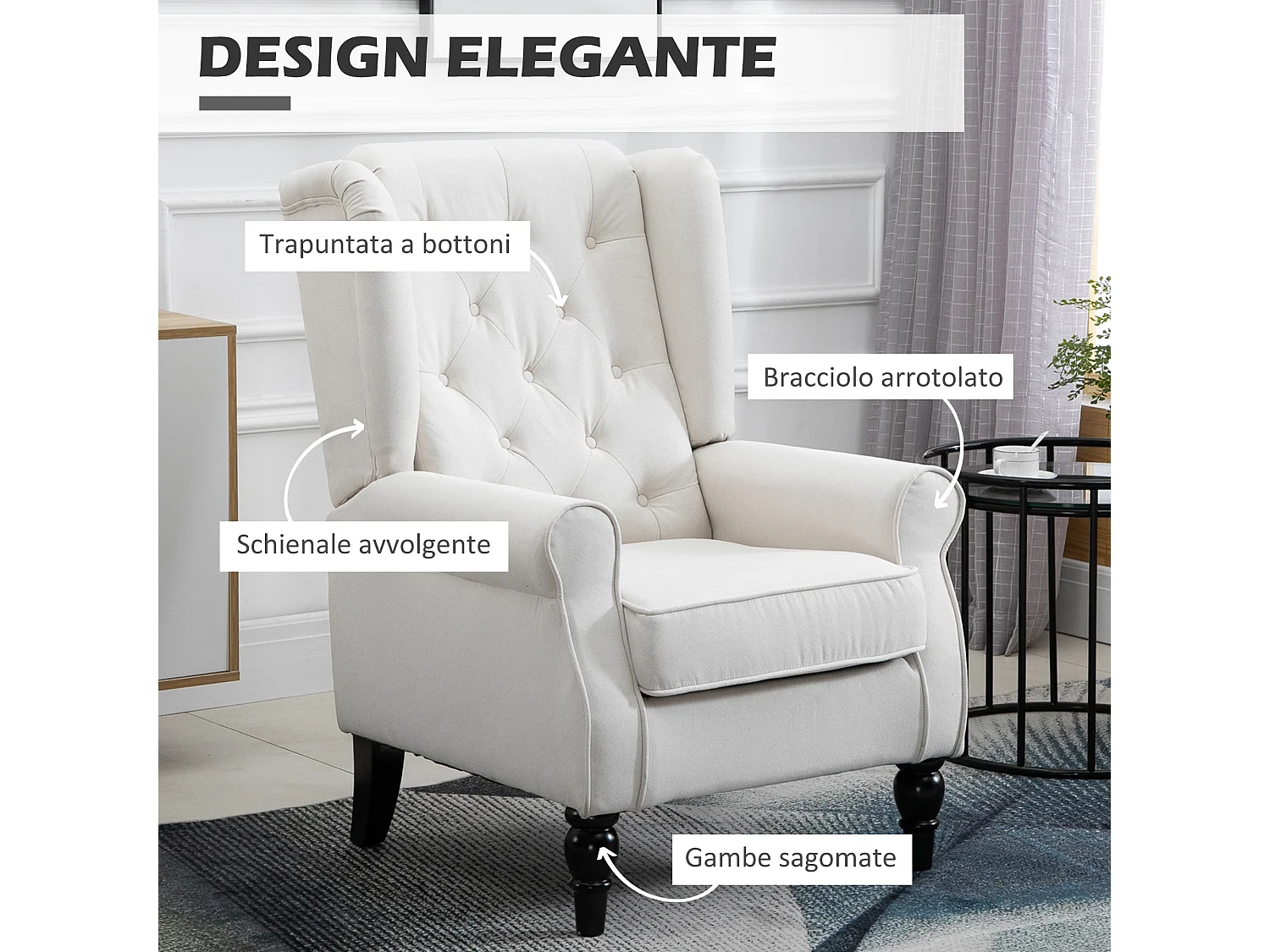 Poltrona da salotto imbottita con braccioli in tessuto bianco crema