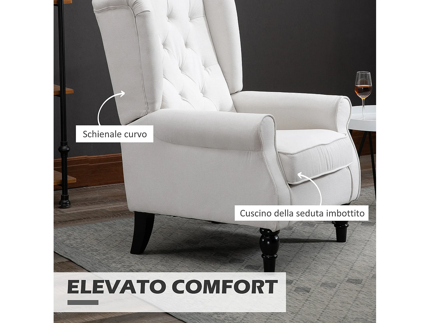 Poltrona da salotto imbottita con braccioli in tessuto bianco crema