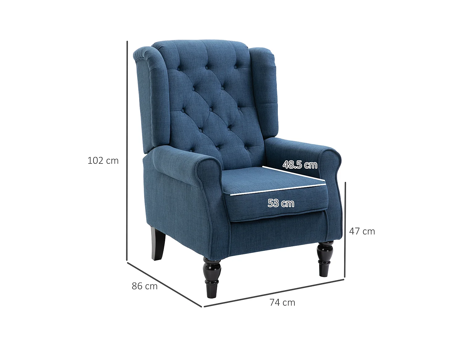 Poltrona per salotto stile francese con cuscini 74x86x102 cm blu