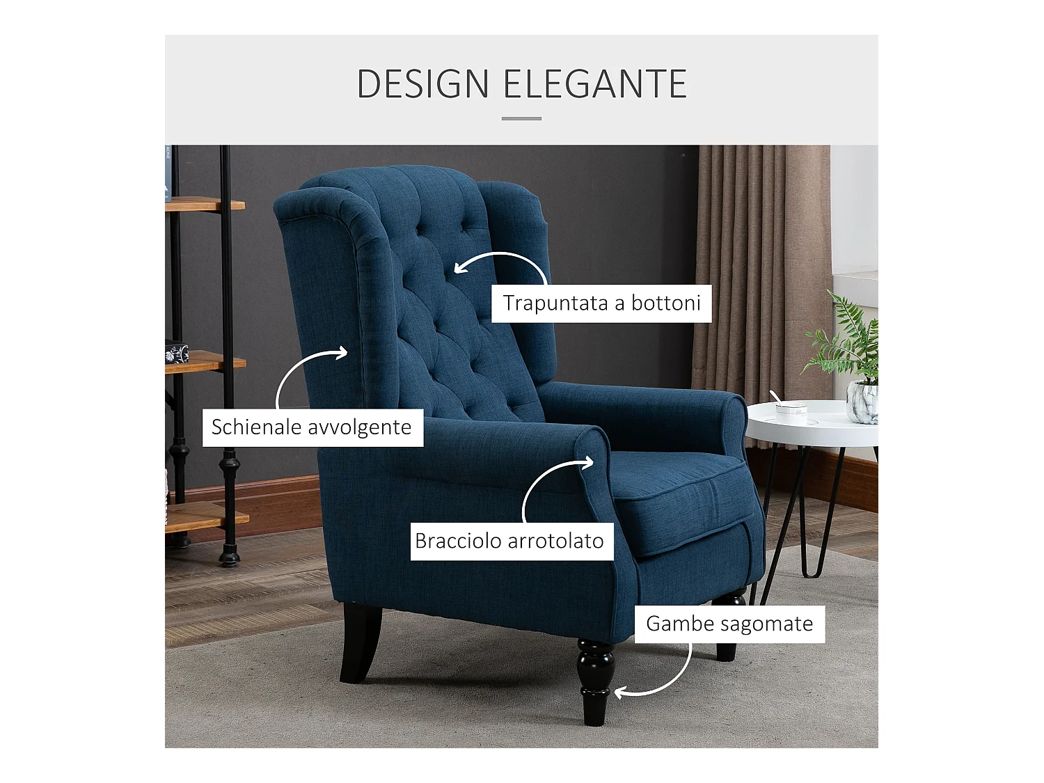 Poltrona per salotto stile francese con cuscini 74x86x102 cm blu