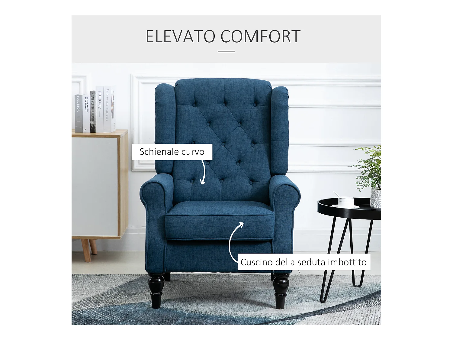 Poltrona per salotto stile francese con cuscini 74x86x102 cm blu