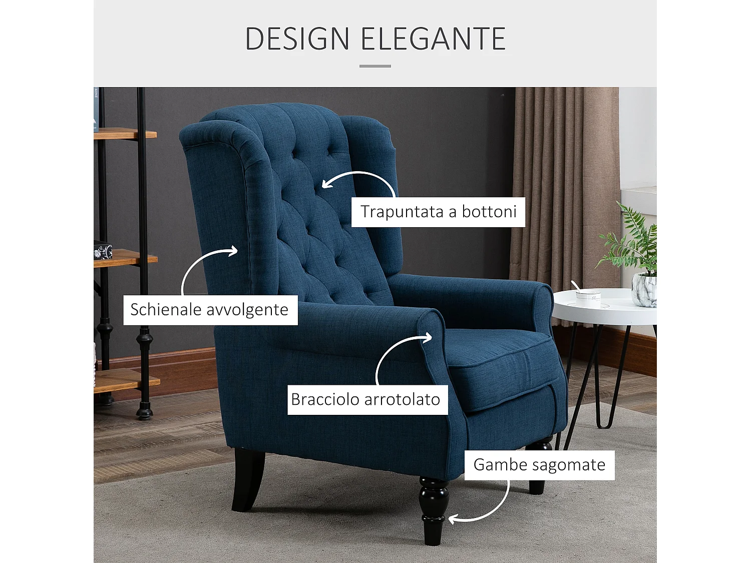 Poltrona per salotto stile francese con cuscini 74x86x102 cm blu