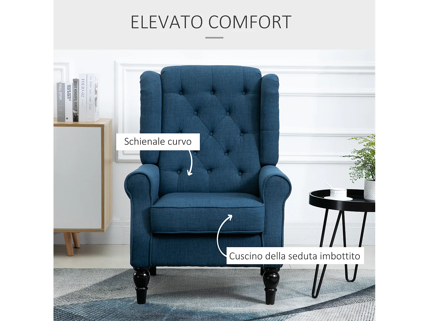 Poltrona per salotto stile francese con cuscini 74x86x102 cm blu