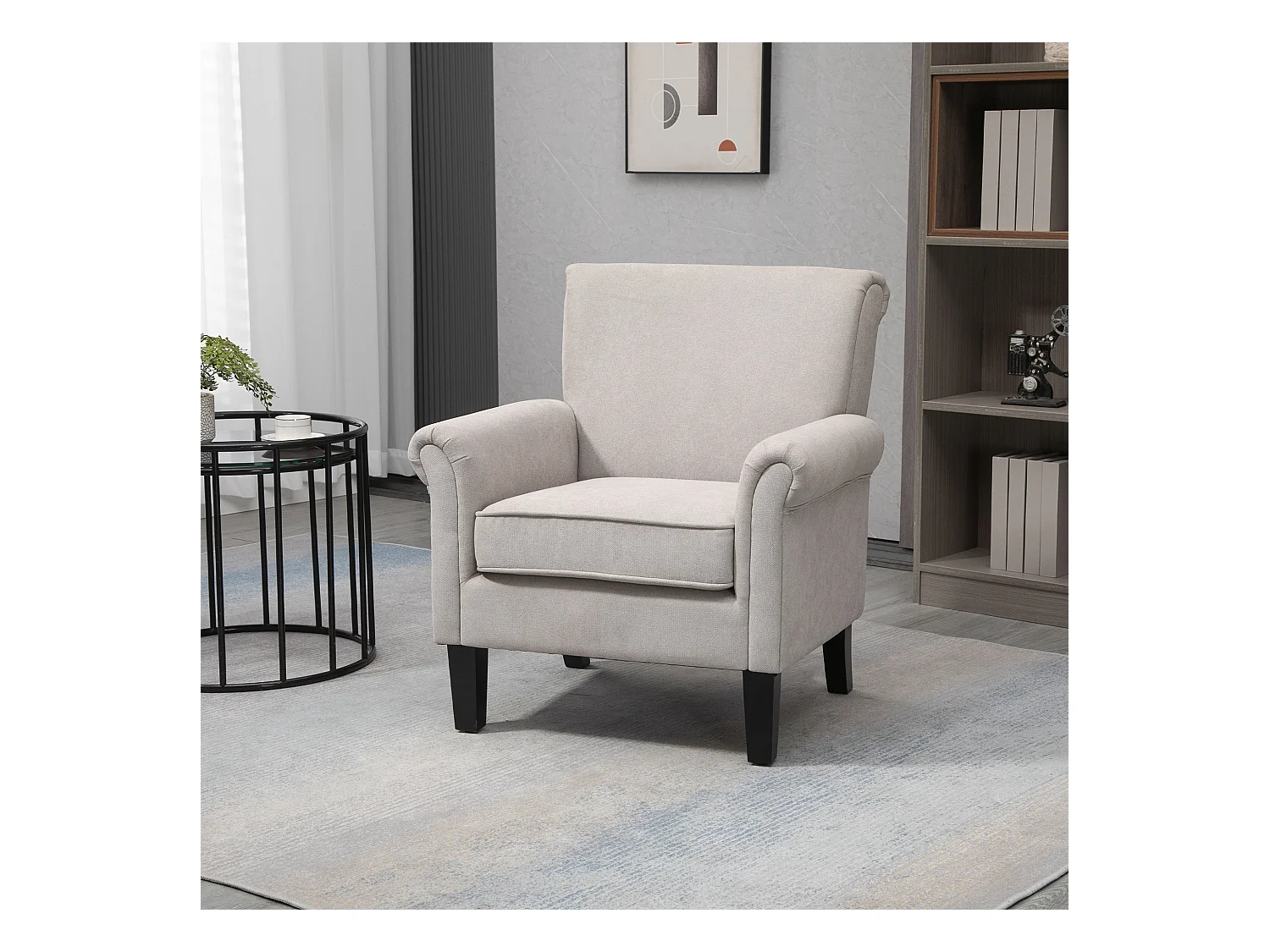 Poltrona d'arredo in stile nordico con braccioli grigio e marrone