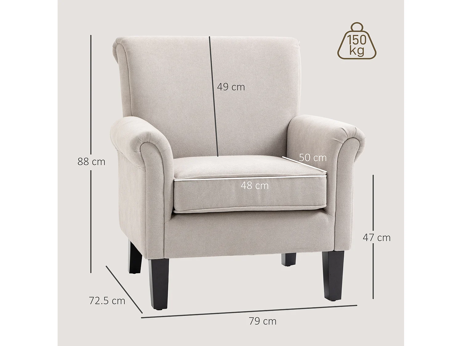 Poltrona d'arredo in stile nordico con braccioli grigio e marrone