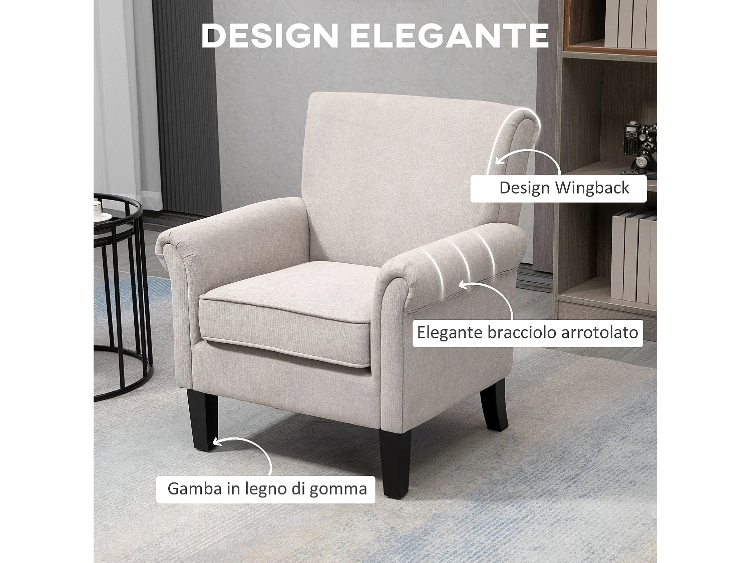 Poltrona d'arredo in stile nordico con braccioli grigio e marrone