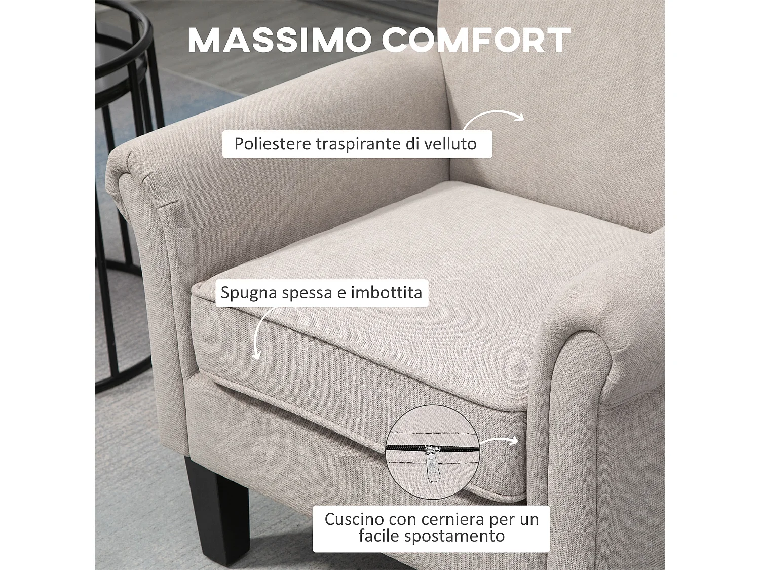 Poltrona d'arredo in stile nordico con braccioli grigio e marrone
