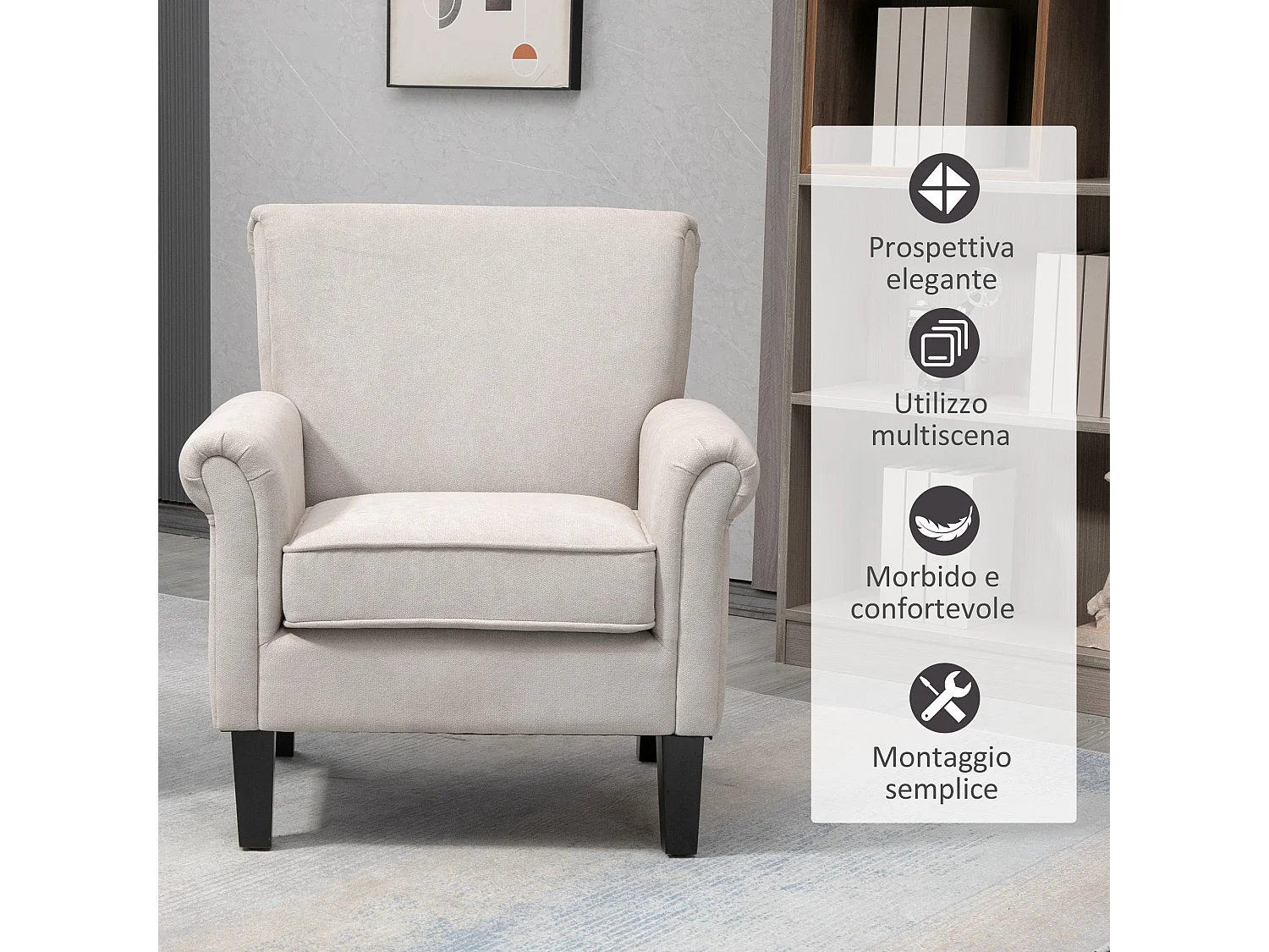 Poltrona d'arredo in stile nordico con braccioli grigio e marrone