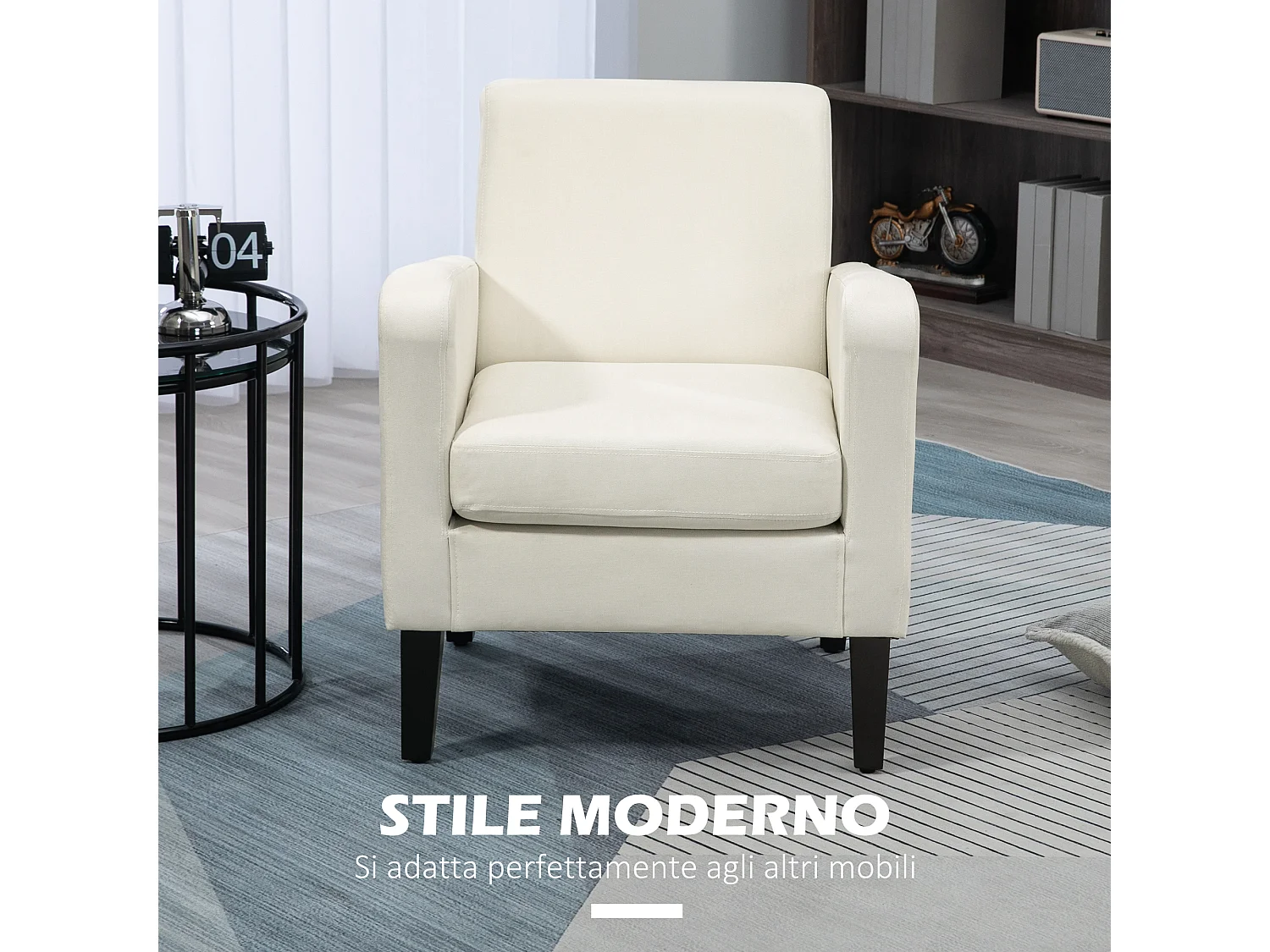 Poltroncina da camera moderna in legno e tessuto crema