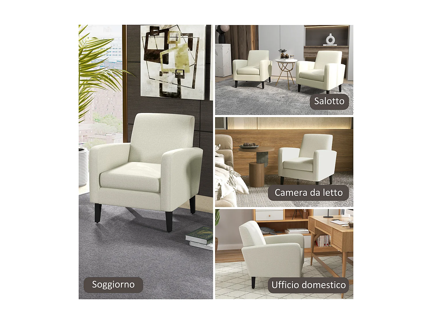 Poltroncina da camera moderna in legno e tessuto crema