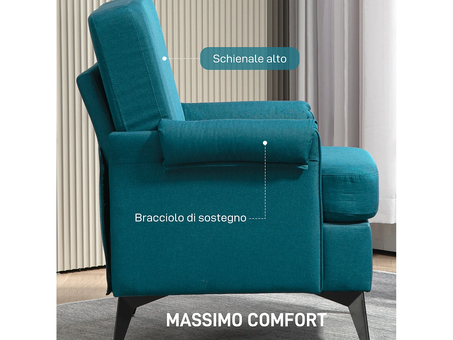 Poltrona con braccioli arrotolati in tessuto traspirante verde