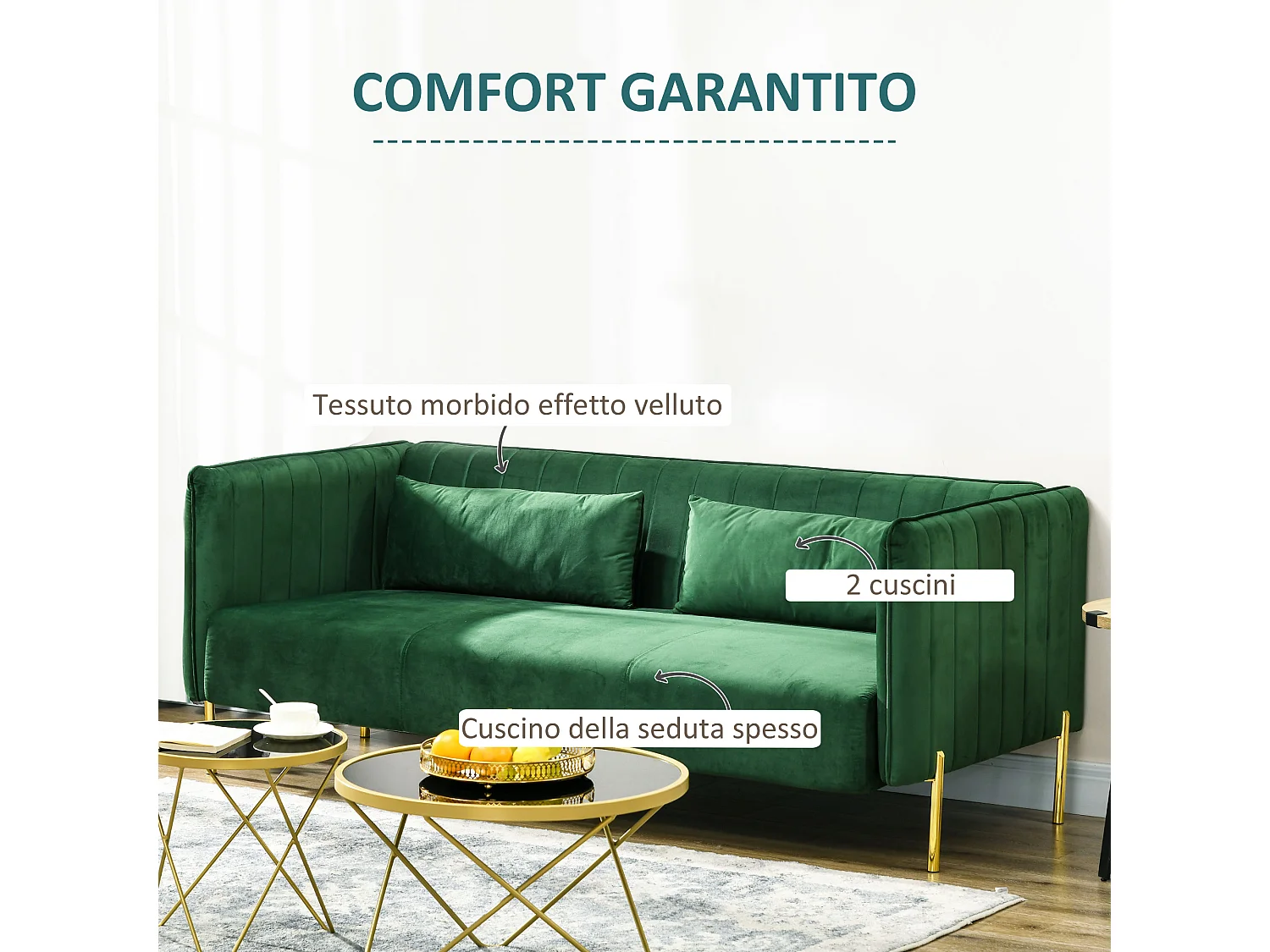 Divano 3 posti con cuscini imbottiti e gambe in acciaio verde