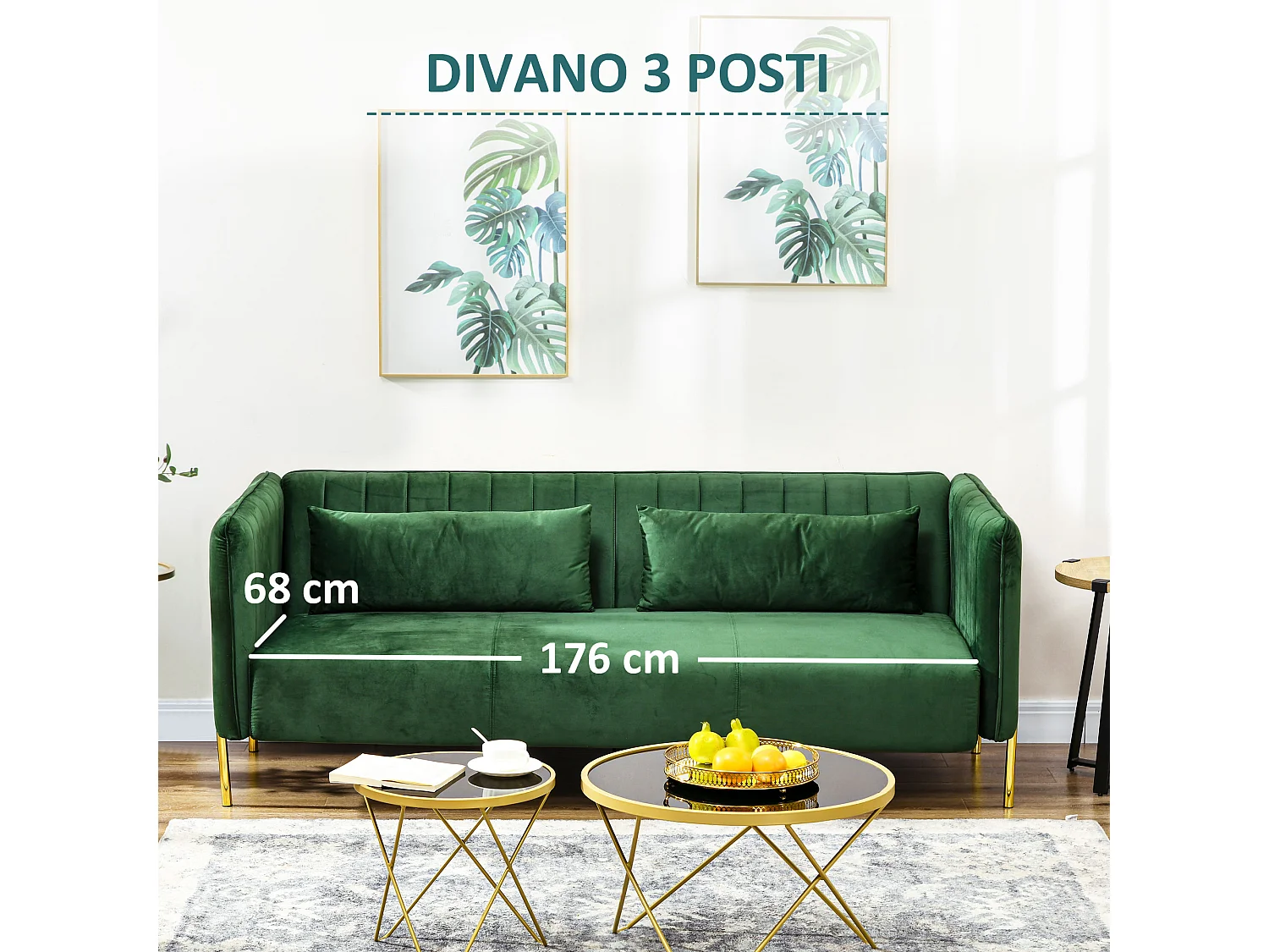 Divano 3 posti con cuscini imbottiti e gambe in acciaio verde