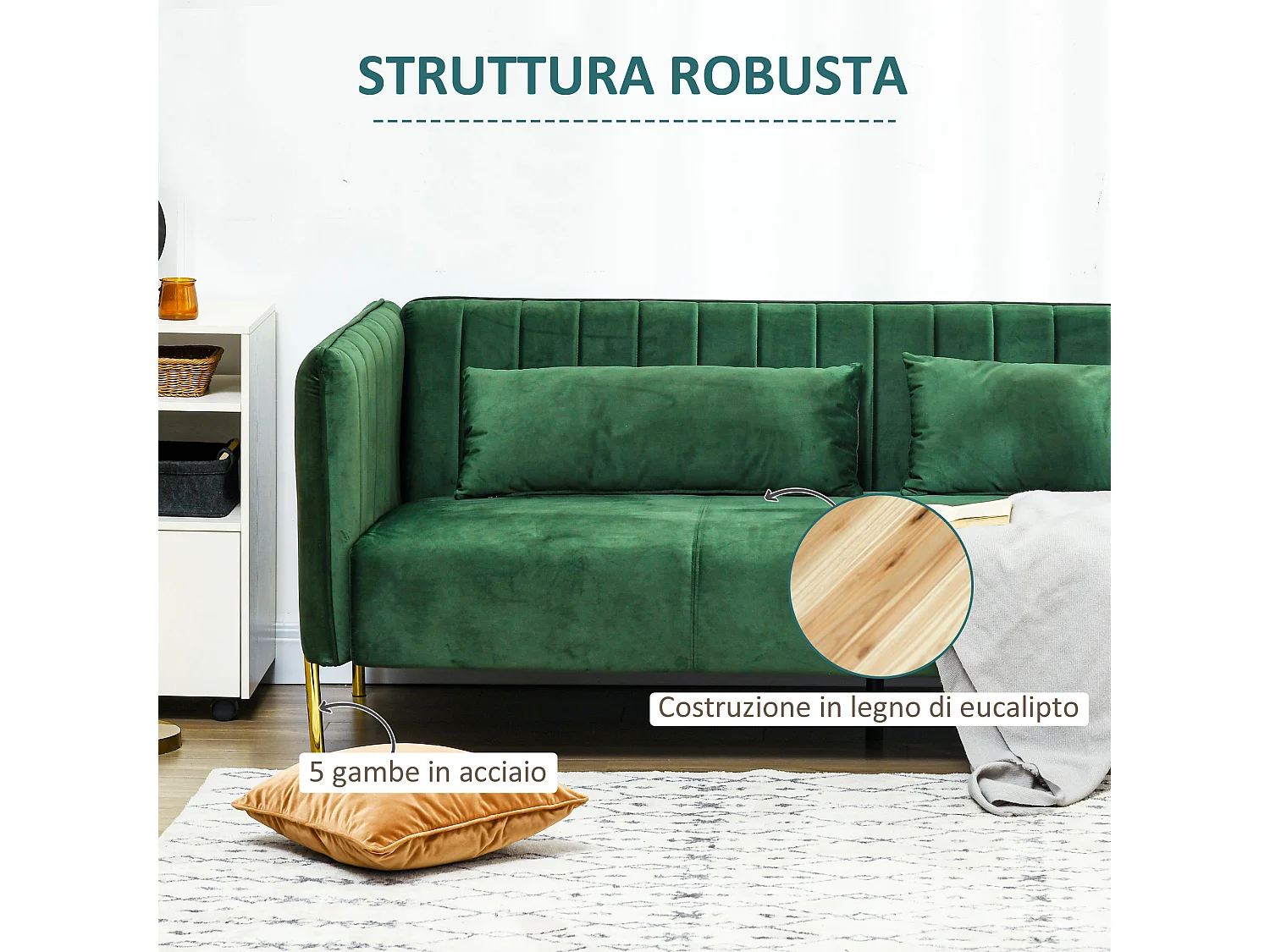 Divano 3 posti con cuscini imbottiti e gambe in acciaio verde
