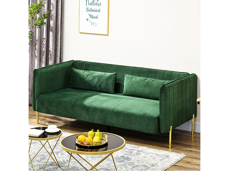 Divano 3 posti con cuscini imbottiti e gambe in acciaio verde